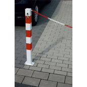 Barrier chain post | steel tube 70 x 70 mm | locking mechanism, with Euro profile cylinder lock | hot-dip galvanized and white coated withthree red reflecting stripes | without eyelet